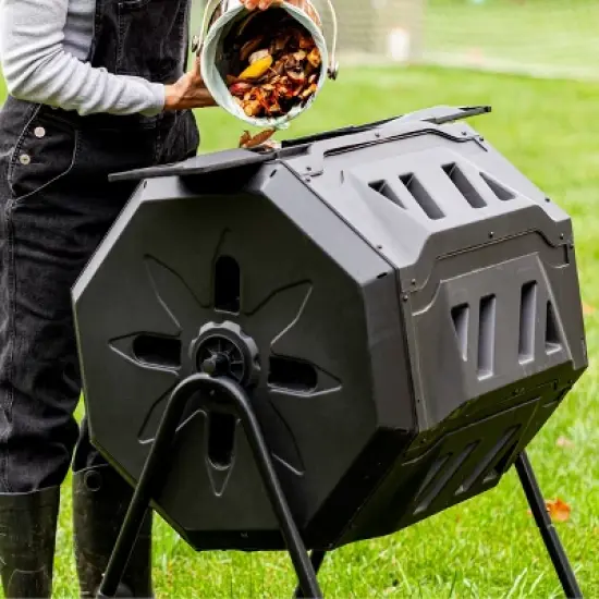 Pure Garden Compost Tumbler - 43Gal Compost Bin with Dual Chambers, 360-Degree Rotating Design, and Garden Gloves Included image {1}