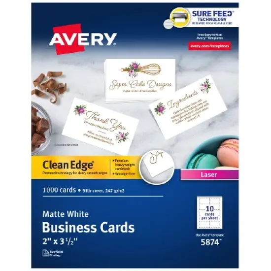 Avery Clean Edge Printable Business Cards with Sure Feed Technology, 2" x 3.5", White, 1,000 Blank Cards for Laser Printers (5874) image {9}