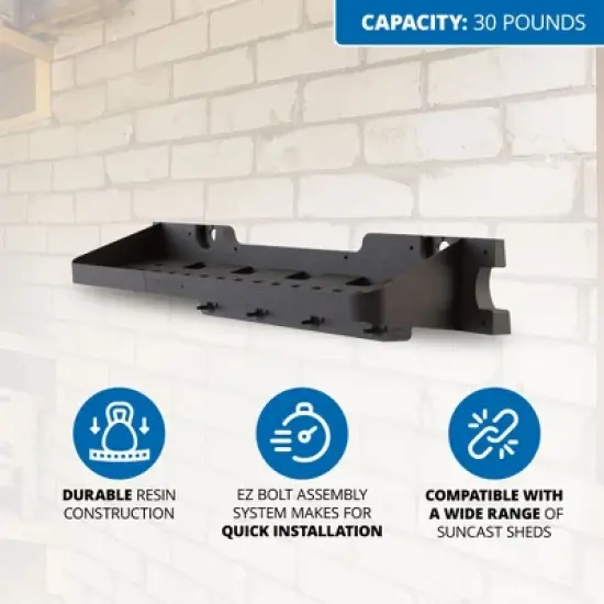 Suncast 25" x 8" x 5.5" Resin Shelf Accessory with Storage Hooks and EZ Bolt Assembly for Select Outdoor Shed Models, Black (2-Pack) image {1}