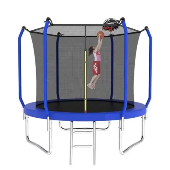 Whisen Kids&rsquo; Trampoline with Safety Enclosure Net, Foam Padded Poles, W-Shaped Legs,  Ladder and Basketball Hoop - Blue image {5}