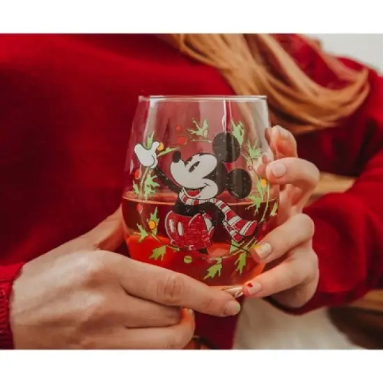 Silver Buffalo Disney Mickey Mouse Christmas Wreath Stemless Wine Glass | Holds 20 Ounces image {5}