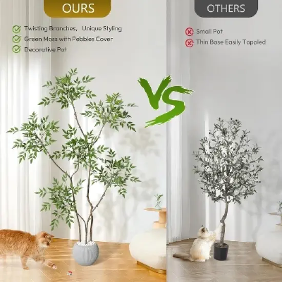 Artificial Plants Indoor, Tall Faux Floor Plant in Pot, Nandina Artificial Tree with White Planter for Home Decor Office Living Room image {6}