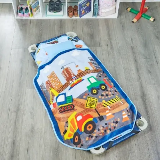 EVERYDAY KIDS Construction Toddler Cot Nap Mat for Home, Daycare, Preschool ; Easy to Roll Sleeping Mat with Elastic Straps, Pillow and Blanket image {1}