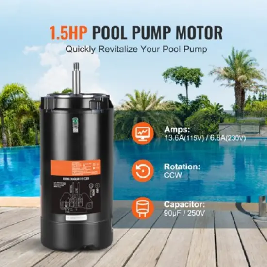 VEVOR 1.5 HP Pool Pump Motor, 56J Frame, 115V(13.6 Amps)/230V(6.8 Amps) 3450 RPM, 60Hz, 1.3 Service Factor, 90&mu;F/250V Capacitor image {2}