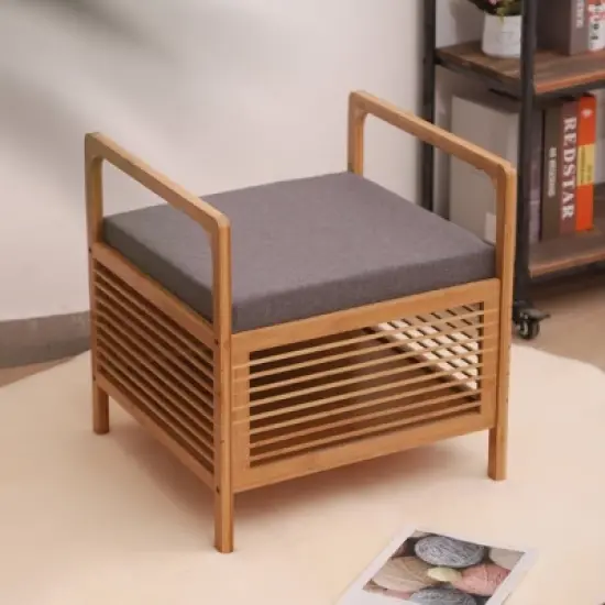 Proman Products Square Cambridge Bamboo Storage Shoe Bench Natural: Upholstered Entryway Bench with Cushion, Modern Style image {6}