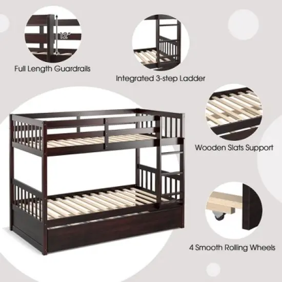 Costway Twin Over Twin Bunk Bed with Twin Trundle Solid Wood Frame Espresso/White image {5}