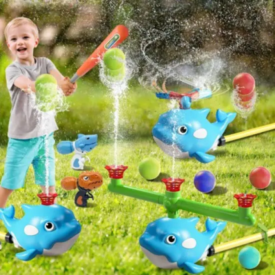 TITQWOP Whale-Shaped 4-in-1 Water Sprinkler&Baseball Toy for Kids&ndash;Rotating Sprinkler,Tee Ball Game&2 Water Blasters&ndash;Summer Backyard Fun for Boys&Girls image {4}