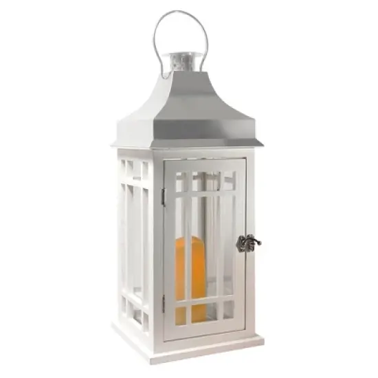 LumaBase Wooden Lantern with Battery-Operated Candle - White with Chrome Roof image {5}