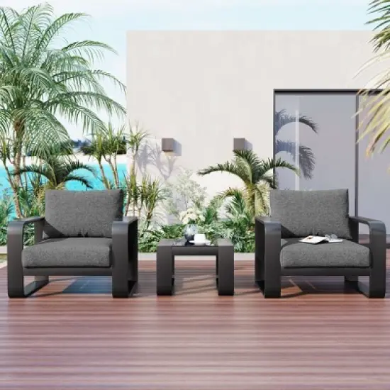 3PCS Outdoor Patio Conversation Set with Coffee Table and Two Chairs with 6.7" Thick Cushions, Gray -ModernLuxe image {1}