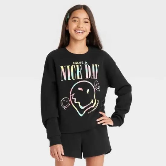 Girls' Smiley Cropped Crewneck Sweatshirt - art class&trade; Black image {3}