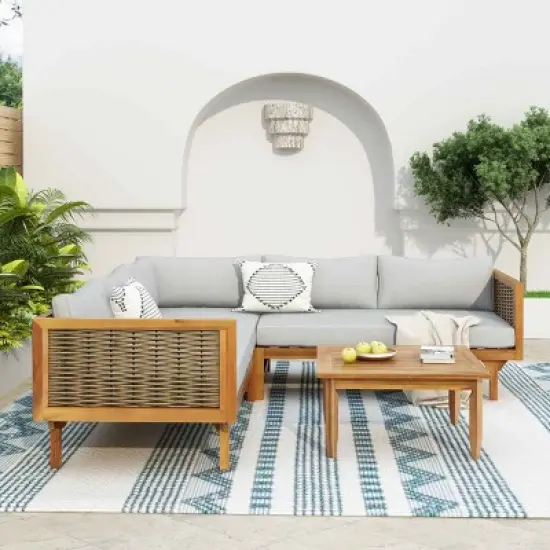 Outdoor Sectional Sofa Set with Table, Modular Corner Design Sofa for Patio Use, Acacia Wood Frame Sofa with Polyester Cushions-Coolbibila image {1}