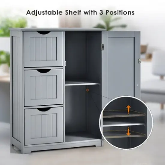 Costway Bathroom Floor Cabinet Side Storage Cabinet with 3 Drawers and 1 Cupboard Grey\ Black image {4}