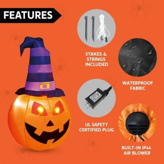 Joyfy 5 FT Halloween Inflatables Outdoor Decorations, Pumpkin Inflatable with Witch Hat, Built-in LEDs for Halloween Party Yard Garden Lawn Decoration image {5}