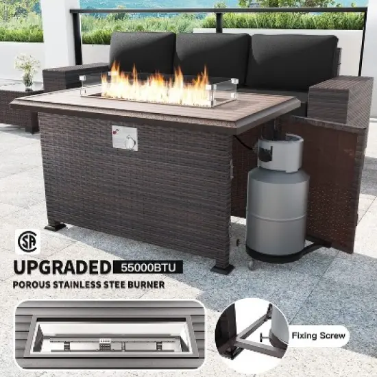 ALAULM 7 Pieces Outdoor Patio Furniture Set with 43" Gas Propane Fire Pit Table PE Wicker Rattan Sectional Sofa image {3}