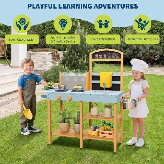 Mud Kitchen for Kids Outdoor - Cooking Set with Sink & Faucet, 7-Piece Stainless Steel Utensils, Chalkboard - Montessori Sensory Toys for Ages 3+ image {1}