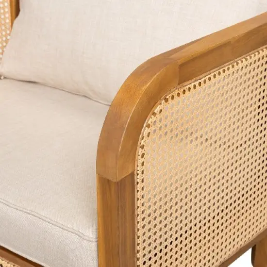 Christopher Knight Home Maciej Patio Rustic Acacia Wood Upholstered Club Chair with Rattan-Wrapped Frame, Teak/Beige image {6}