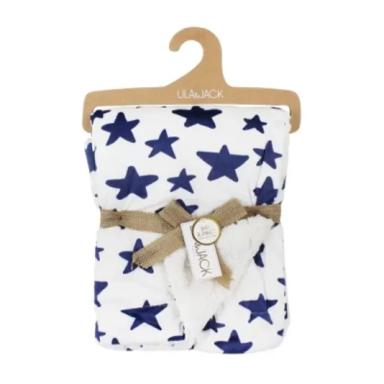 Lila and Jack Baby Blanket Navy Star Printed Mink with Natural Sherpa Backing Kids' Throw image {1}