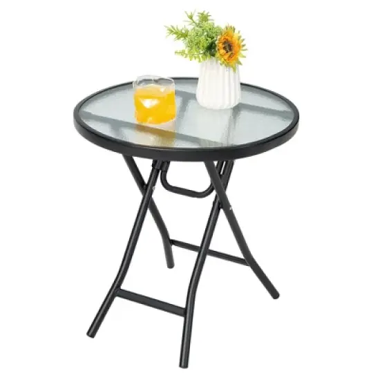 Costway Patio Folding Round Glass Side Table Bistro Coffee Table Plant Stand image {8}