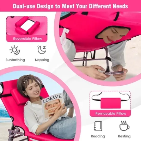 Costway 2 PCS Outdoor Folding Chaise 5-Position Lounge Chair with Adjustable Footrest Pink/Gray/Dark Pink/Navy Blue image {6}