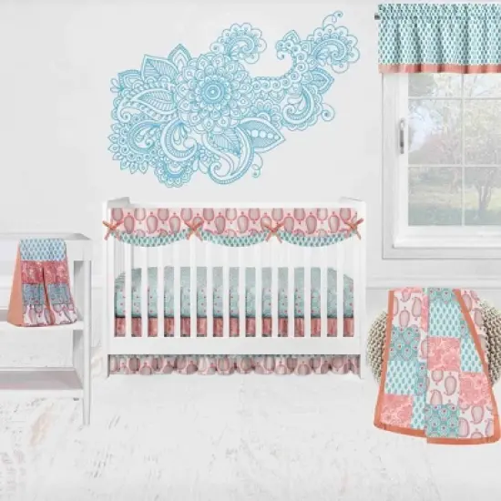 Bacati - Sophia Paisley Aqua/Coral Long Side Crib Rail Guard Cover image {2}