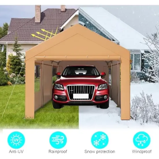 10x20 FT Carport, Heavy Duty Car Canopy with Removable Sidewalls, Doors and Ventilated Window, Portable Garage, Waterproof and UV Protection Garage image {3}
