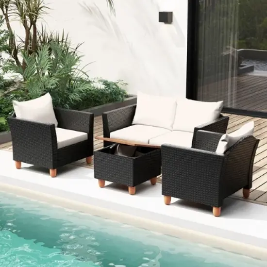 Tangkula 4 Piece Outdoor Conversation Set Patio Cushioned Chairs w/ Storage Coffee Table image {1}
