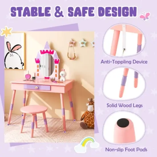 Costway Kids Vanity Set Princess Makeup Pretend Play Dressing Mirror Castle Girls Pink image {6}