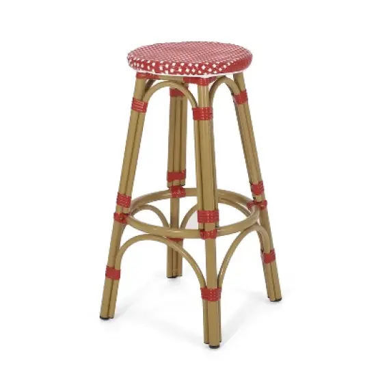 Outdoor PE Ratten and Aluminum 29.5" French Backless Barstools, Set of 2, Red, Bamboo Print Finish image {3}
