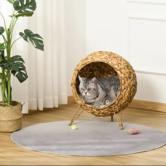 PawHut 20.5" Weaved Cat Bed, Elevated Hand Made Cat House Condo with Cushion image {2}