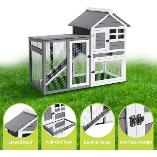 Acekool 2-Tier Rabbit & Chicken House, Weatherproof Outdoor/Indoor Pet Hutch with Pull-Out Tray, 4 Doors, Non-Slip Ramp image {2}