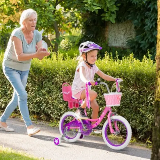 hykolity 16 inch Girls Bike Princess Bicycle for Age 4-7 Years Old Rider Height 41-53 inch includes Training Wheel Basket Doll Seat Flesh Pink image {6}