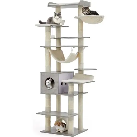 Cat Tree for Large Cats, Features Scratching Post, Cat Condo, Platforms, Tunnel, Hammock, Food Station & Bowls image {6}