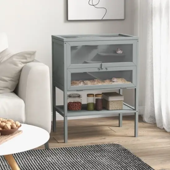 PawHut 3-Tier Wooden Hamster Cage Mice and Rat Cage Small Animals Hutch with Openable Top, Front Door, Storage Shelf image {2}