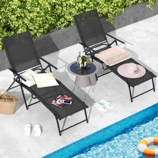 Costway 2 Piece Patio Folding Chaise Lounge Chairs with 6-Level Backrest Reclining Chairs Tan/Black/Grey image {1}