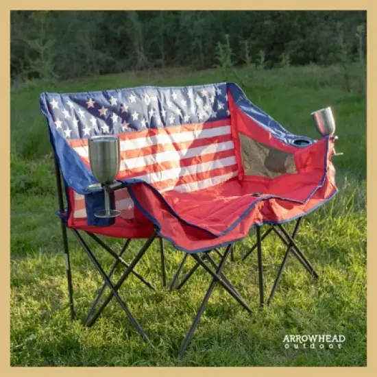 Arrowhead Outdoor Portable Folding Double Duo Camping Chair Loveseat Couch w/ 2 Cup & Wine Glass Holder, Supports up to 500lbs (American Flag) image {3}