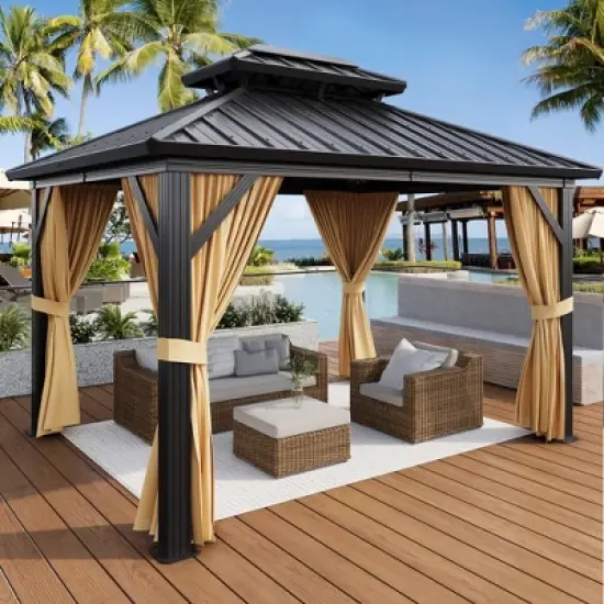 10FT x 12FT Metal Hardtop Gazebo, Reinforced Hardtop & UV-Blocking SunShield, Galvanized Iron Aluminum Column with Lockable Privacy Curtains image {8}
