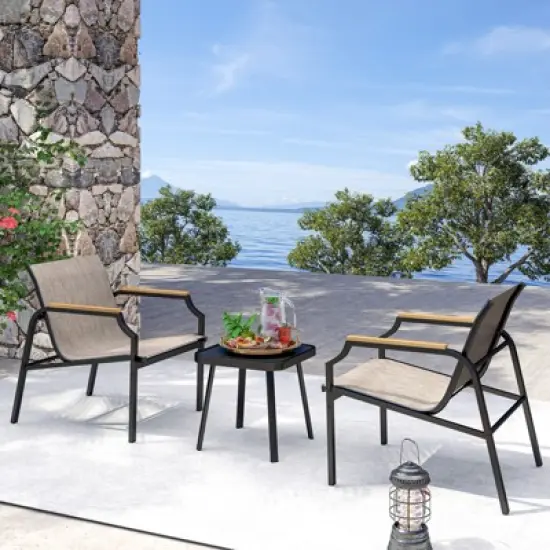 Tangkula 3 PCS Outdoor Chair Set Metal Frame Armchair & Table w/ Breathable Fabric Seat image {2}