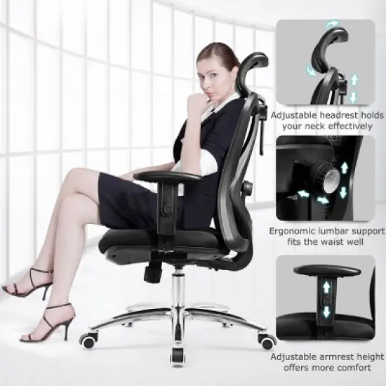 High Back Mesh Office Chair Adjustable Lumbar Support&Headrest Home Study Black image {5}