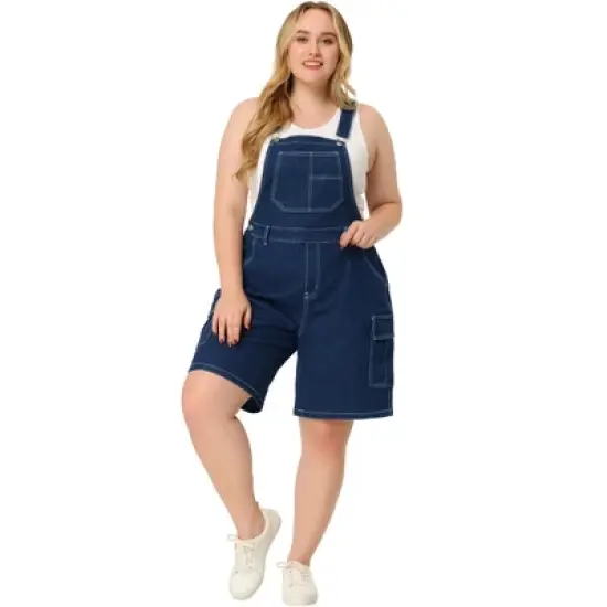 Agnes Orinda Women's Plus Size Denim Overalls Cross Back Cargo Pocket Adjustable Strap Jeans Shortalls image {2}