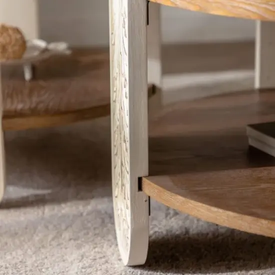 ORRD Carved Wood Coffee Table - Retro End Table with Double Storage, Small Side Table for Living Room, Palace Style Bedside Table image {1}