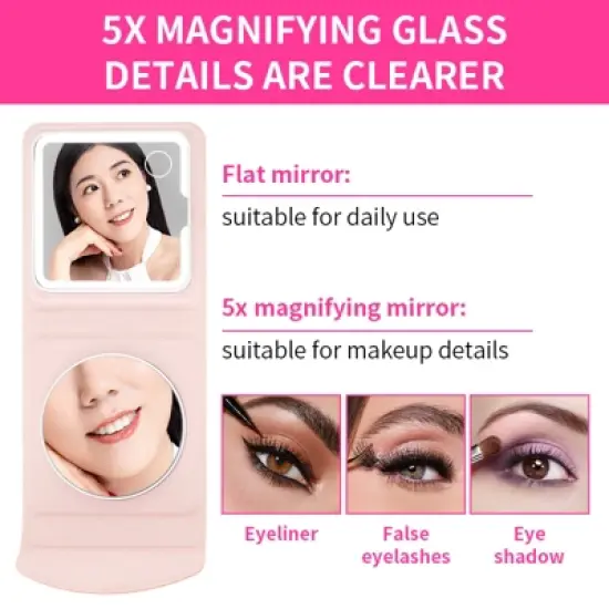 Garnen Travel Makeup Mirror with Lights Magnification 1x 5x, Foldable LED Lighted Makeup Mirror with Dimming Dual Mirror, Pink image {2}