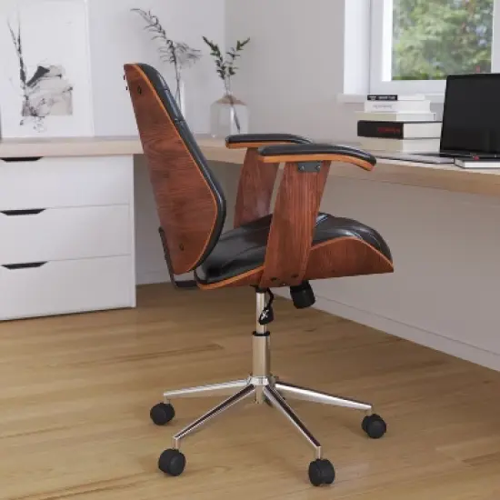 Merrick Lane Mid-Back Ergonomic Office Chair Executive Swivel Bentwood Frame Desk Chair in Black Faux Leather image {1}