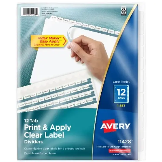 Avery 12 Tab Dividers for 3 Ring Binder, Easy Print & Apply Clear Label Strip, Index Maker Customizable White Tabs, 1 Set (11428) image {7}