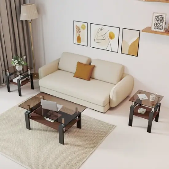 KWPZQEB Set of 2 Modern Tempered Glass Tea Table with Metal Frame and Storage Shelves, Modern Coffee Table, End Table for Living Room, Balcony image {2}