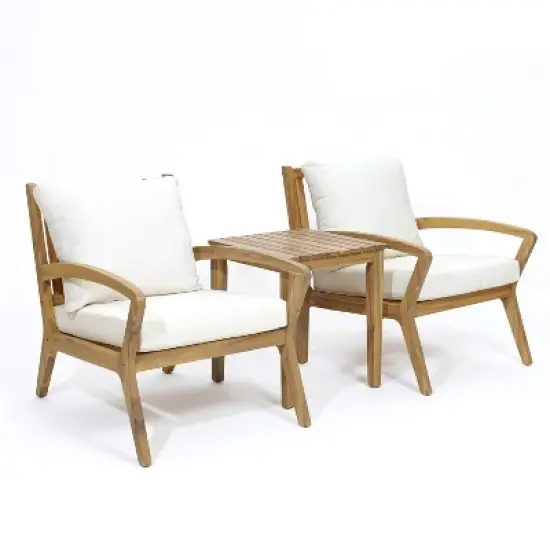 LuxenHome Outdoor Acacia Wood Side Table and Set of 2 Armchairs with White Cushions image {10}
