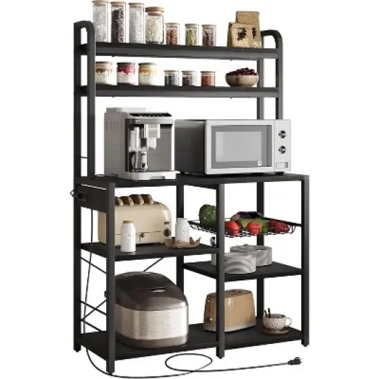 6-Tier Retro Bakers Rack with Power Outlet - Large Freestanding Kitchen Microwave Stand, Open Storage Shelves & Wire Basket, Utility Storage Shelf image {9}