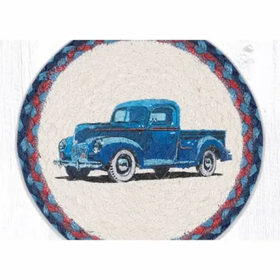 Earth Rugs Blue Truck Printed Round Trivet &ndash; 10"x10" Hand-Braided Natural Jute Hot Pad, Rustic Farmhouse Accent image {1}