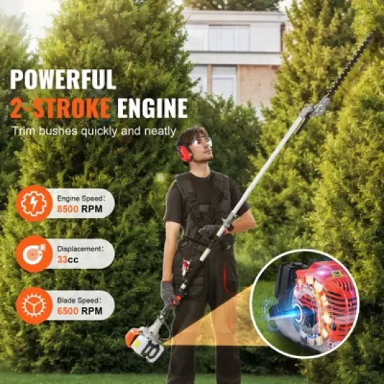 VEVOR 33CC 6-in-1 Multi-Functional Trimming Tools, Gas Hedge Trimmer, Weed Eater, String Trimmer, Brush Cutter,Edger,Pole Saw Chainsaw Pruner, Black image {2}