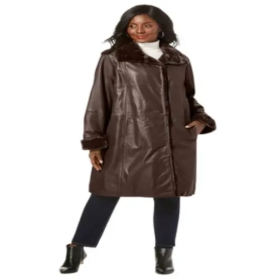 Jessica London Women&rsquo;s Plus Size Fur-Trim Leather Swing Coat image {3}