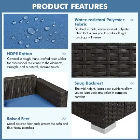 Yaheetech Patio Resin Wicker Sofa Outdoor Rattan Couch with Throw Pillows, Brown/Dark Blue image {4}